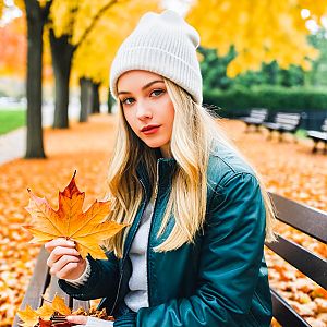 Young Woman with Maple Leaf in Autumn Park