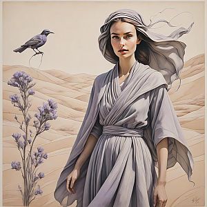 Serene Woman in Gray Robes in Desert Landscape