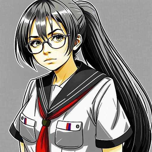 Anime Girl in Japanese School Uniform with Glasses and Ponytail