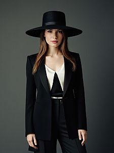 Elegant Woman in Black Suit and Wide-Brimmed Hat Fashion Portrait
