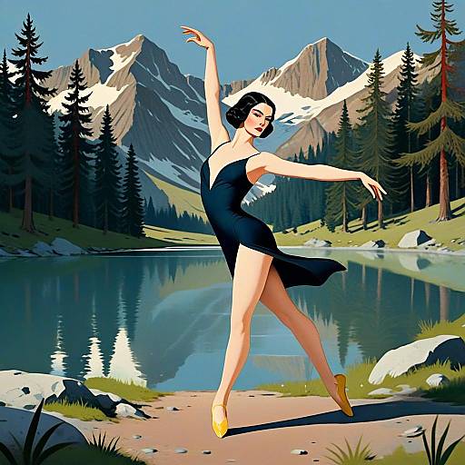 Elegant Ballet Dancer by Mountain Lake in Modern Digital Art Style