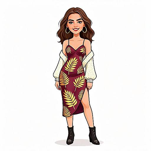 Bohemian Chic Woman in Maroon Leaf Pattern Dress Illustration