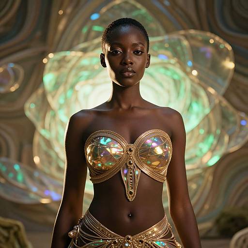 Futuristic Woman in Metallic Gold Fashion Outfit with Iridescent Details