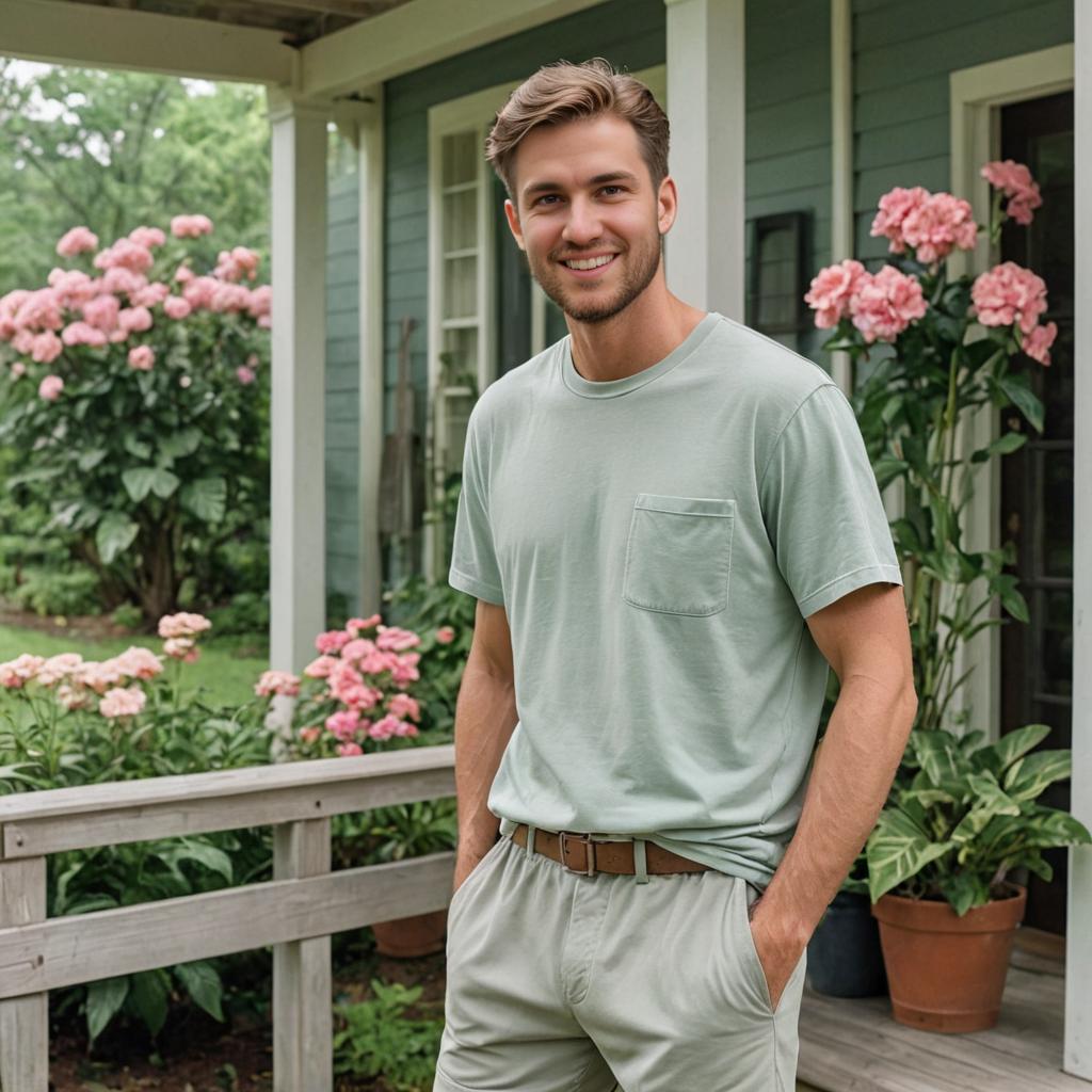 Cheerful man in front of a house with vibrant flowers