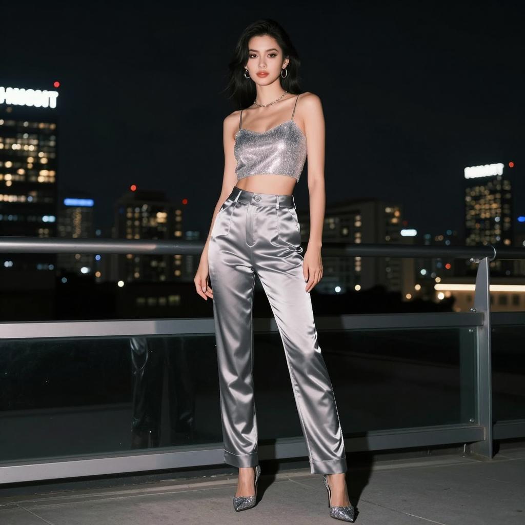 Young Woman in Silver Satin Outfit on Rooftop Night Cityscape