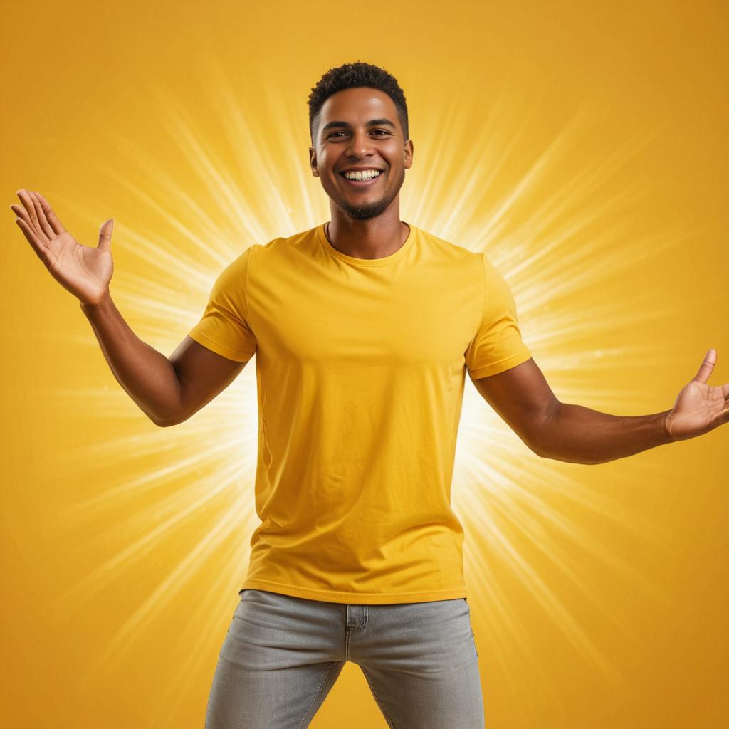 Cheerful man in yellow T-shirt with open arms against yellow backdrop