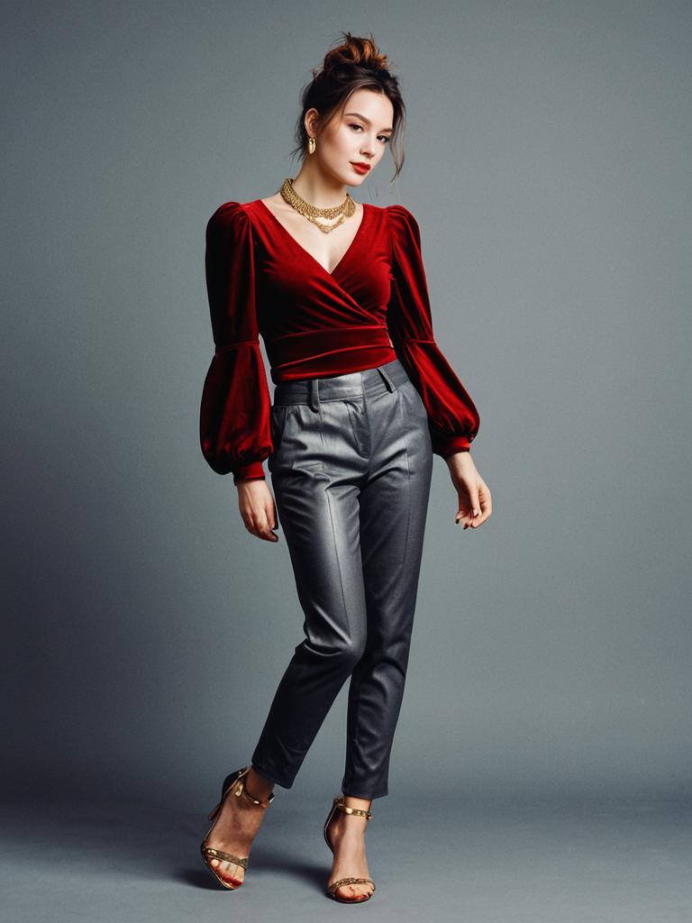 Elegant Woman in Red Velvet Top and Gray Tailored Pants Fashion Portrait