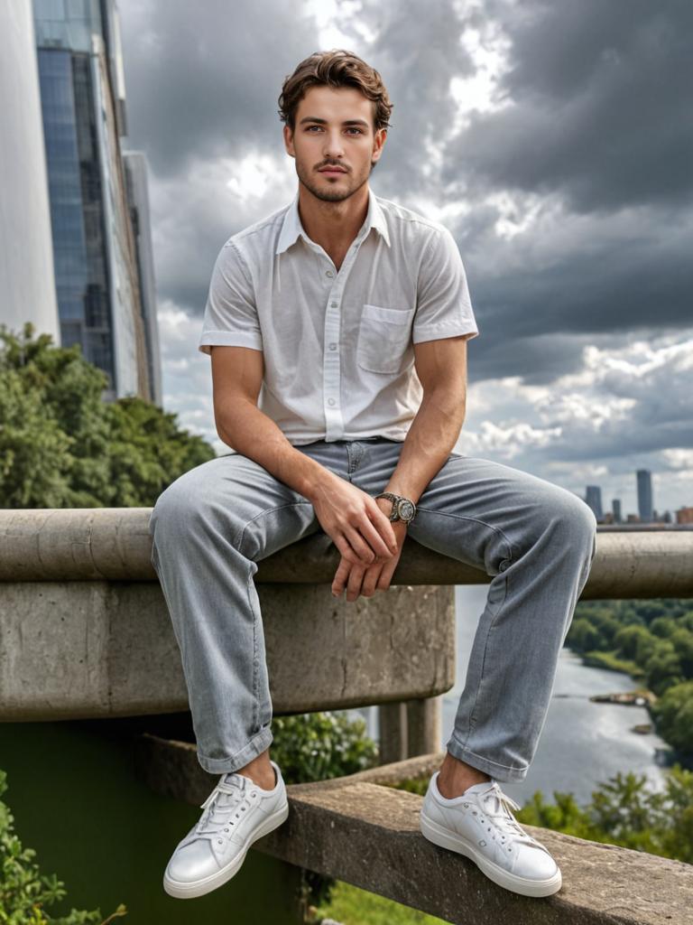 Casual man sitting with cityscape background