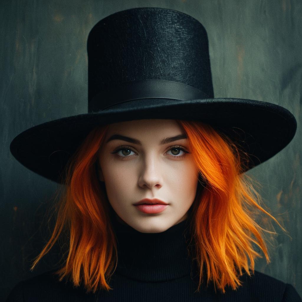 Portrait of Woman with Orange Hair Wearing Black Top Hat and Turtleneck