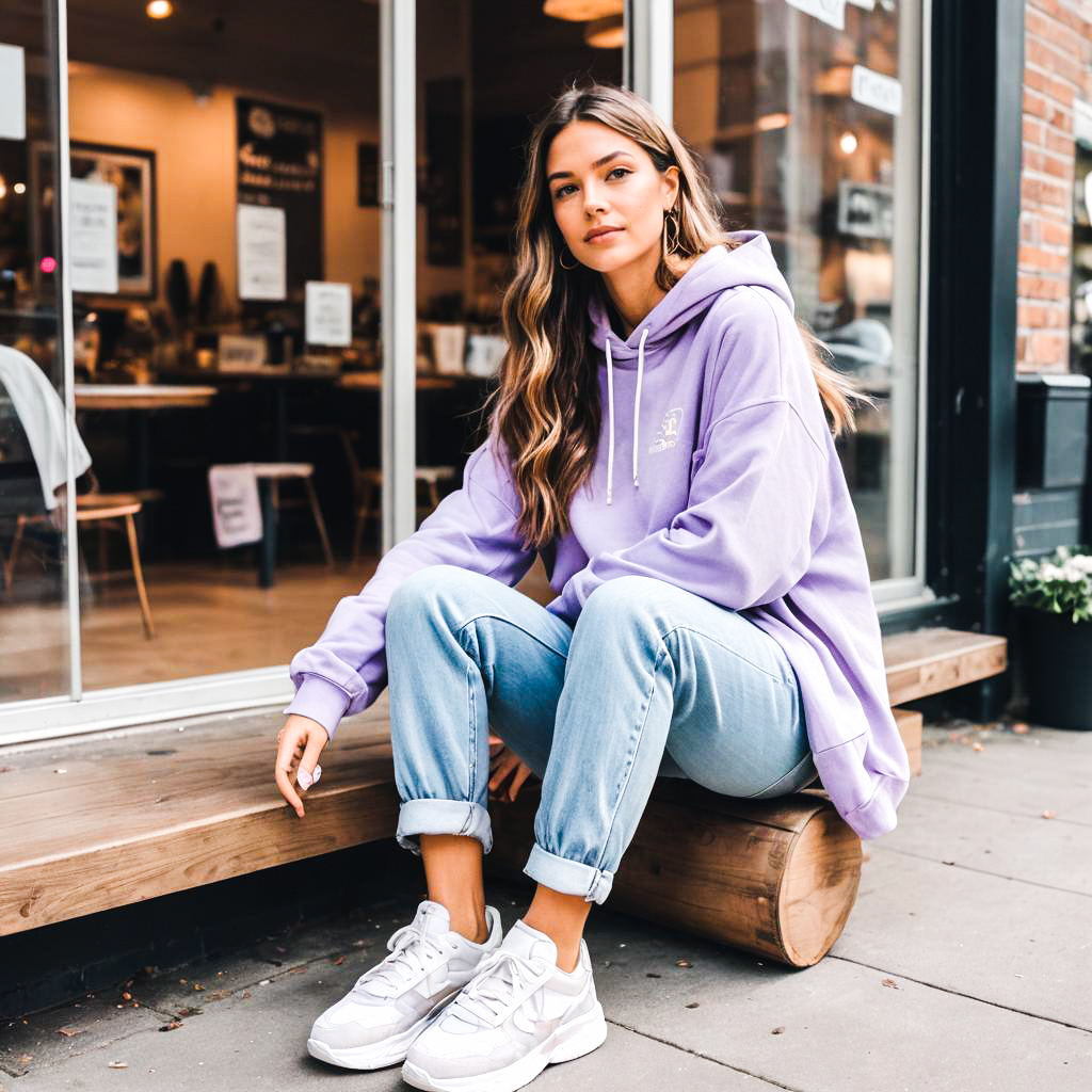 Stylish young woman in purple hoodie at café