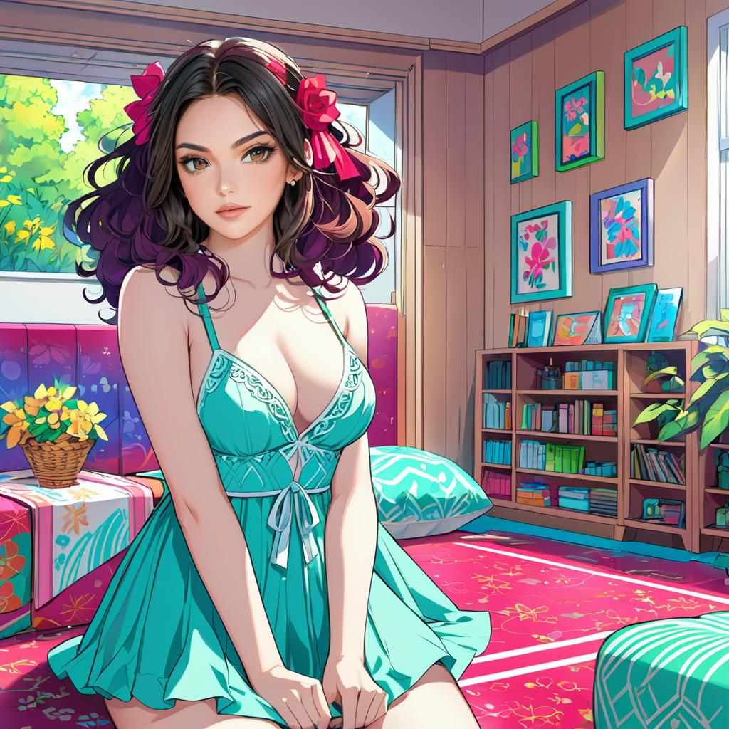 Elegant Anime Character in Floral Room