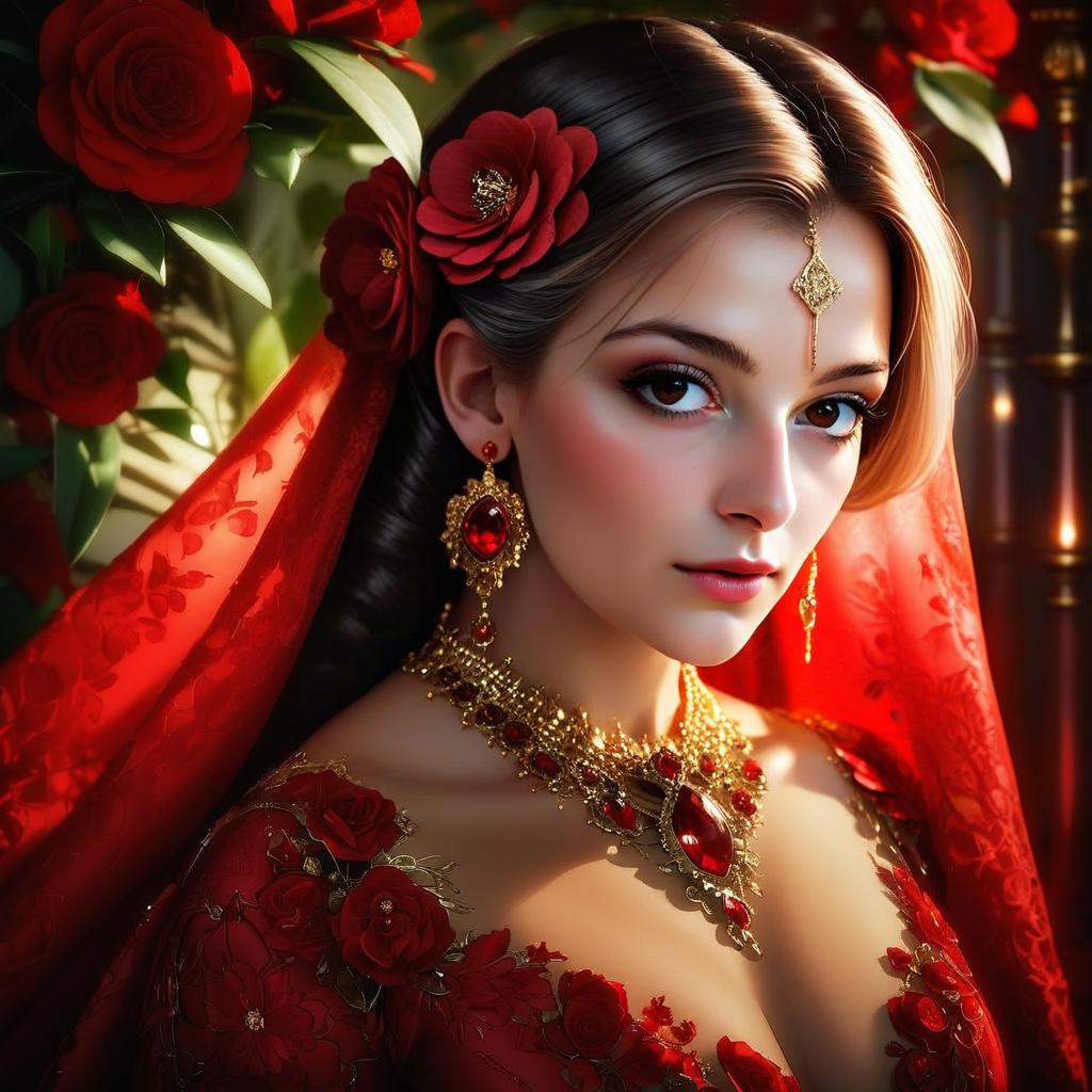Elegant Woman in Red Gown with Floral Patterns