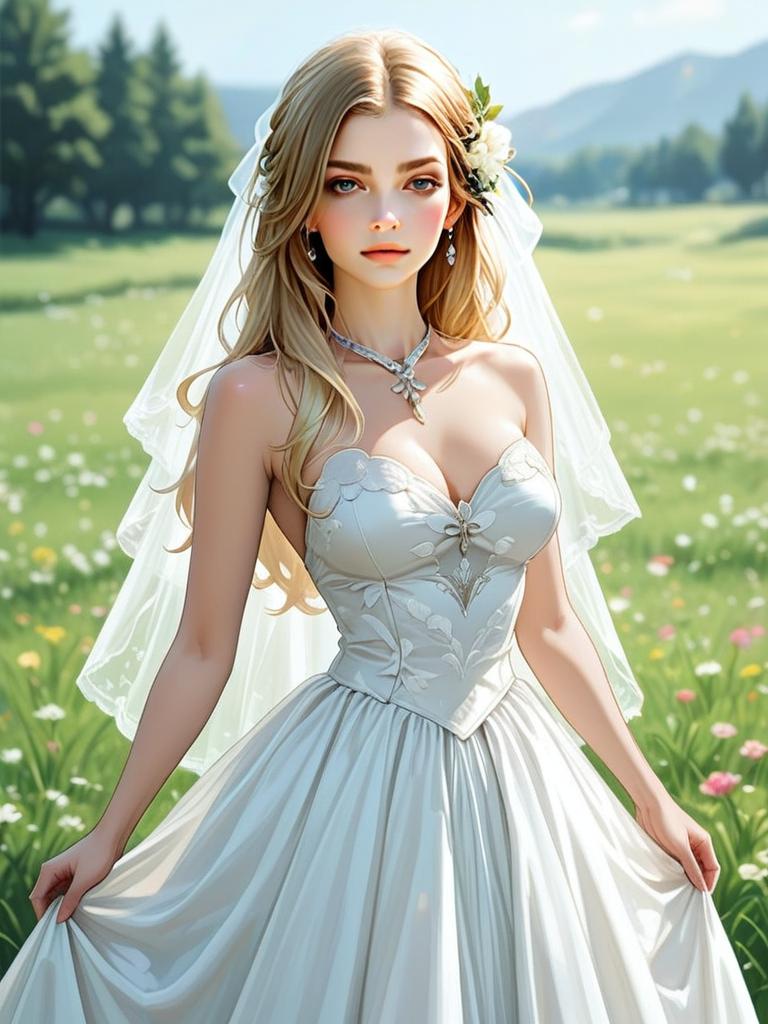 Elegant Bride in Detailed Wedding Dress in Meadow Illustration