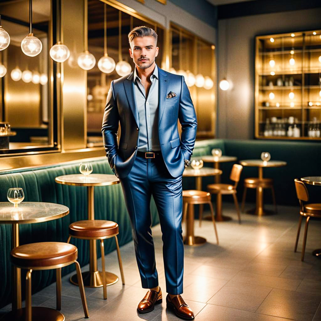 Stylish Man in Blue Suit at Elegant Bar