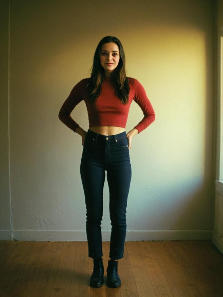 Confident Woman in Red Top and Jeans