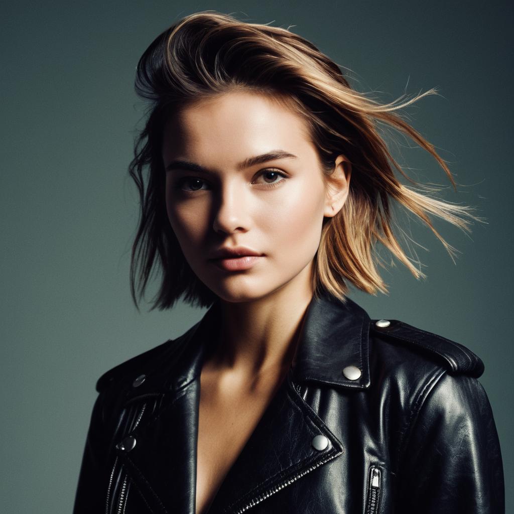 Confident Young Woman in Black Leather Jacket Portrait