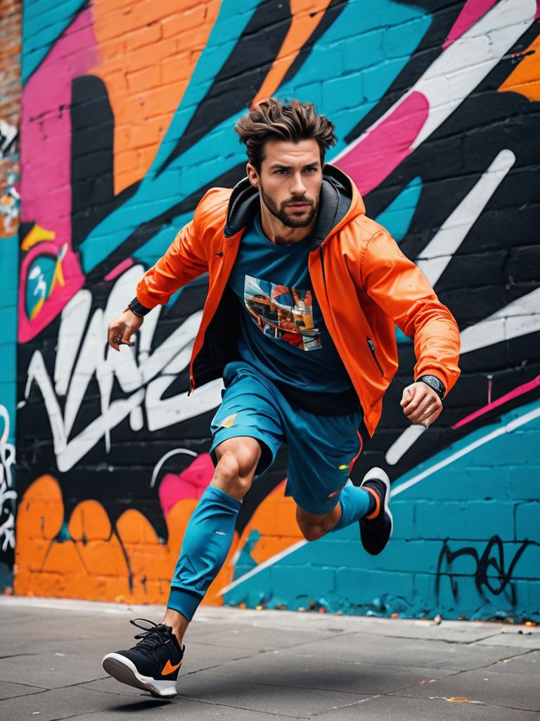 Man sprinting in front of graffiti wall