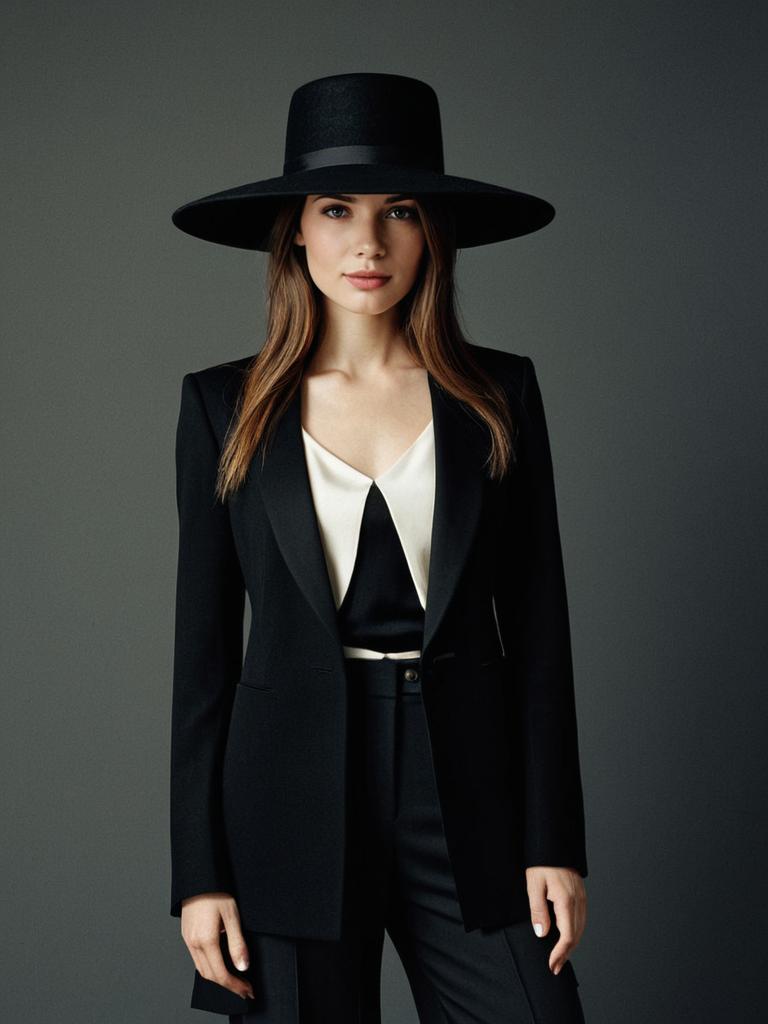 Elegant Woman in Black Suit and Wide-Brimmed Hat Fashion Portrait