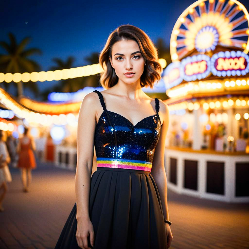 Confident Woman in Glamorous Sequined Dress at Festive Fairground