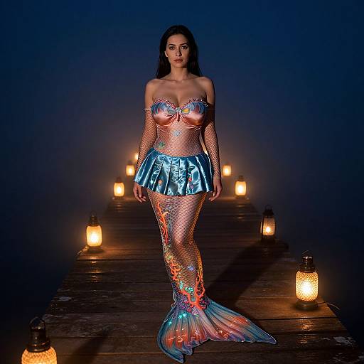 Elegant Woman in Detailed Mermaid Costume on Lantern-Lit Pier