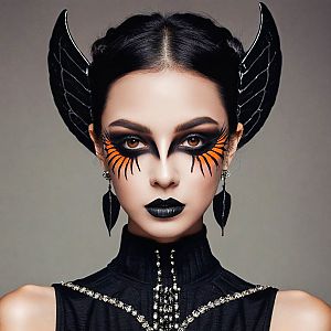 Gothic Woman with Dramatic Eye Makeup and Winged Headpiece