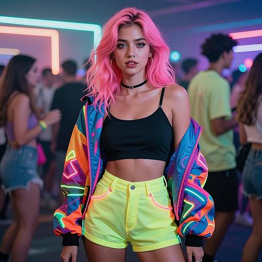 Trendy Woman with Pink Hair in Neon Outfit at Night Party