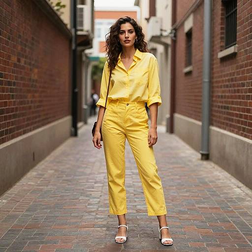 Woman Wearing Yellow Shirt and Pants Outfit Standing in Narrow Alley