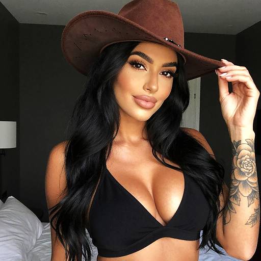 Fashionable Woman Wearing Brown Cowboy Hat and Black Top