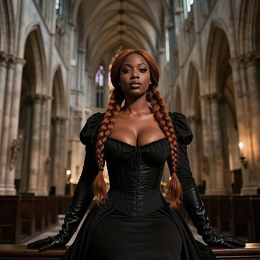 Woman in Black Gothic Corset Inside Historic Cathedral