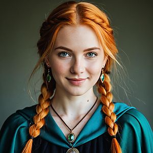 Young Woman with Red Hair in Teal Outfit