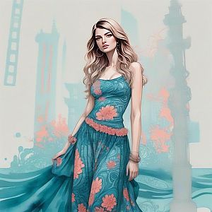 Woman in Flowing Teal Dress with Coral Floral Patterns