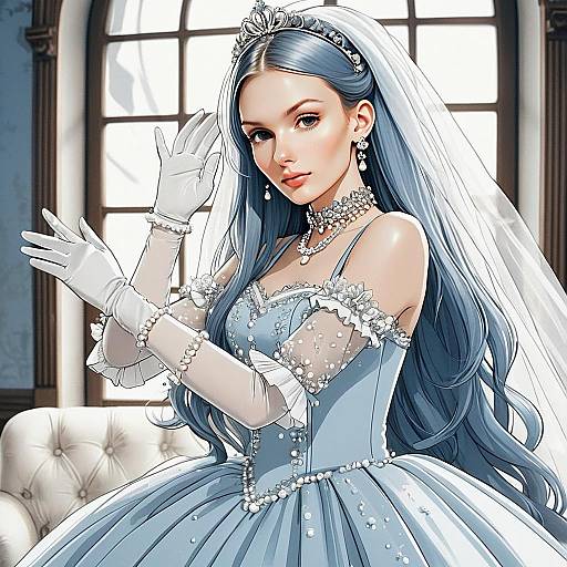 Elegant Woman in Blue Ball Gown with Tiara Digital Artwork