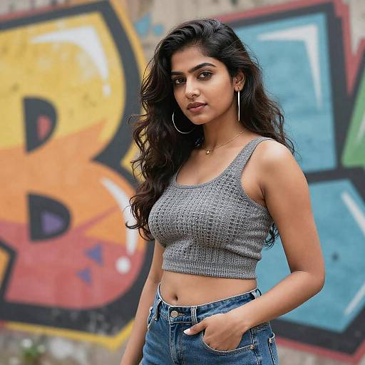 Confident Woman in Gray Crop Top and Jeans Against Urban Graffiti Wall