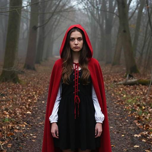 Woman in Red Hooded Cloak in Foggy Forest - Modern Fairy Tale Style