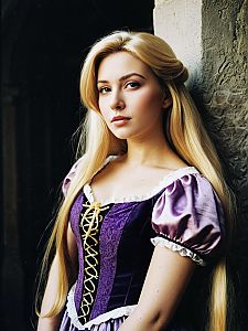 Woman in Purple Rapunzel Costume with Corset and Long Blonde Hair