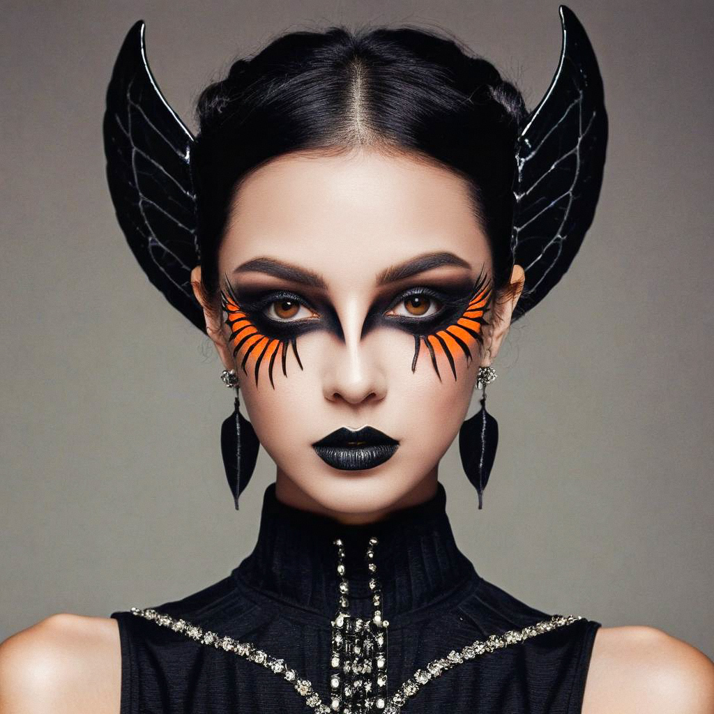 Gothic Woman with Dramatic Eye Makeup and Winged Headpiece