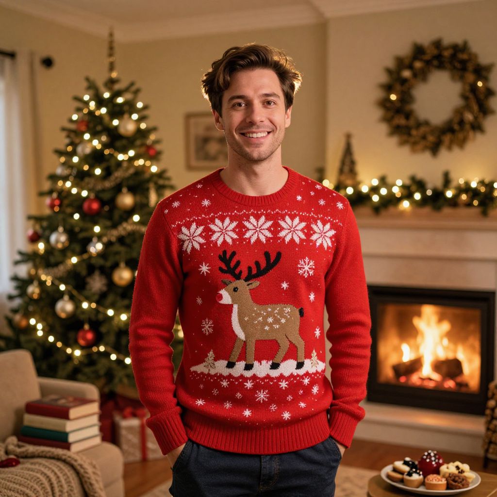 Smiling Man in Red Reindeer Christmas Sweater With Festive Holiday Decor