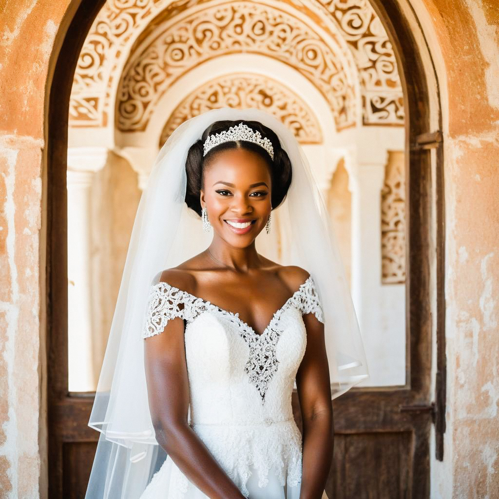 Radiant Bride in Lace Gown at Ornate Doorway