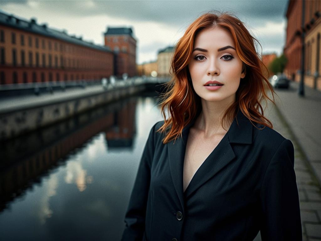 Confident Woman with Red Hair by Canal