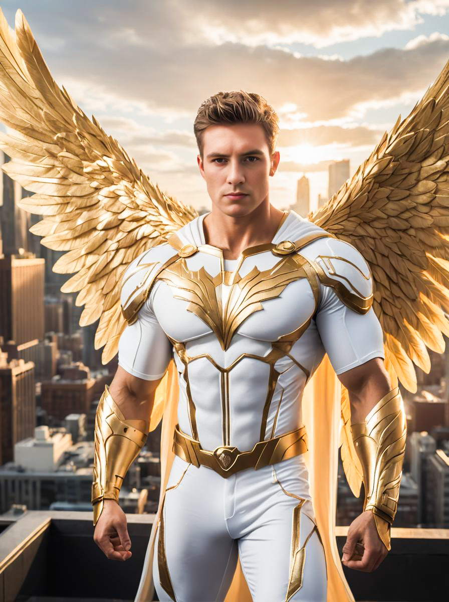 Man in Angel Costume with Golden Wings at Sunset