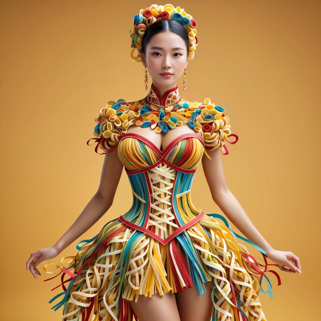 Woman in Colorful Pasta Dress - Fashion Meets Culinary Art