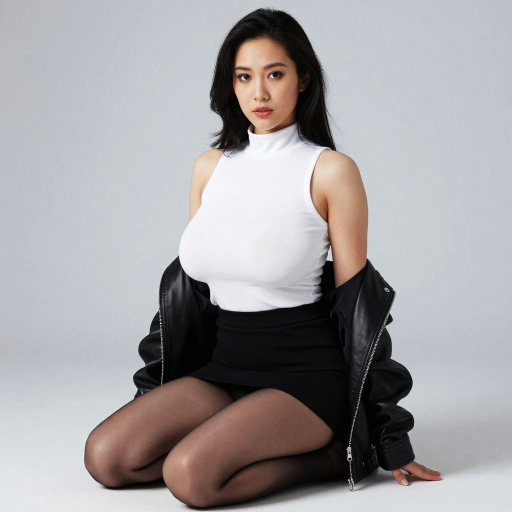 Confident Woman in White Turtleneck and Black Leather Jacket Fashion Portrait