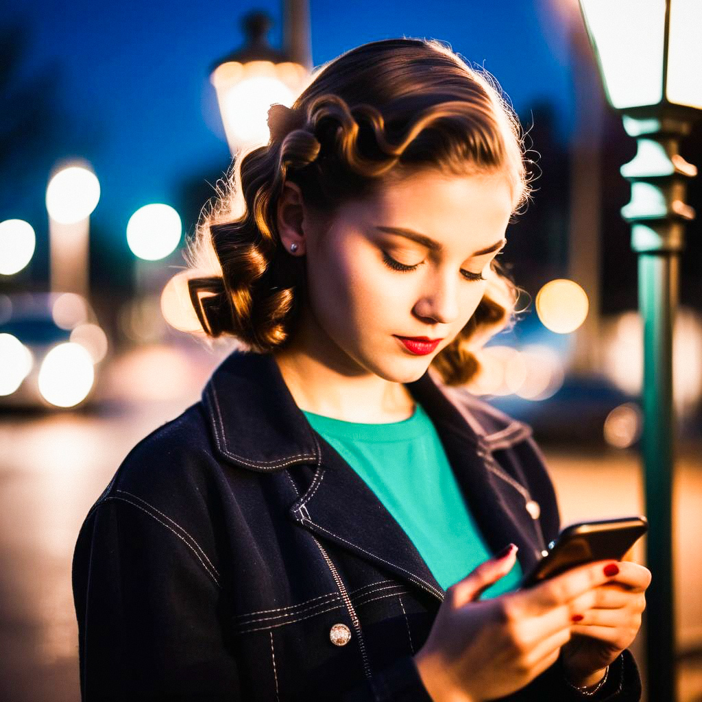 Woman with Vintage Hair and Smartphone at Night