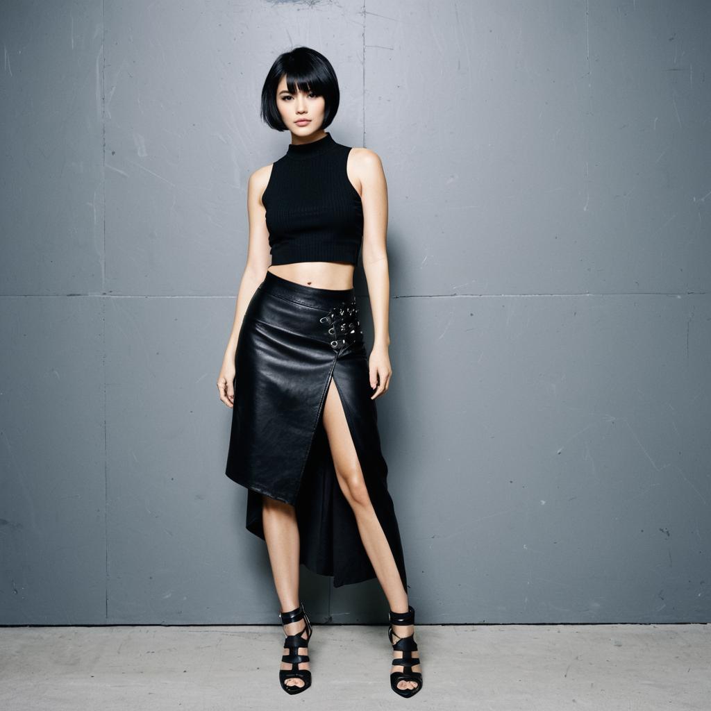 Stylish Woman in Black Cropped Top and Leather Slit Skirt Urban Fashion Stylish Woman in Black Cropped Top and Leather Slit Skirt Urban Fashion