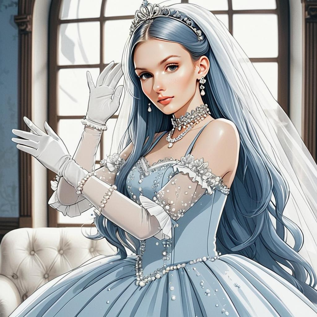 Elegant Woman in Blue Ball Gown with Tiara Digital Artwork