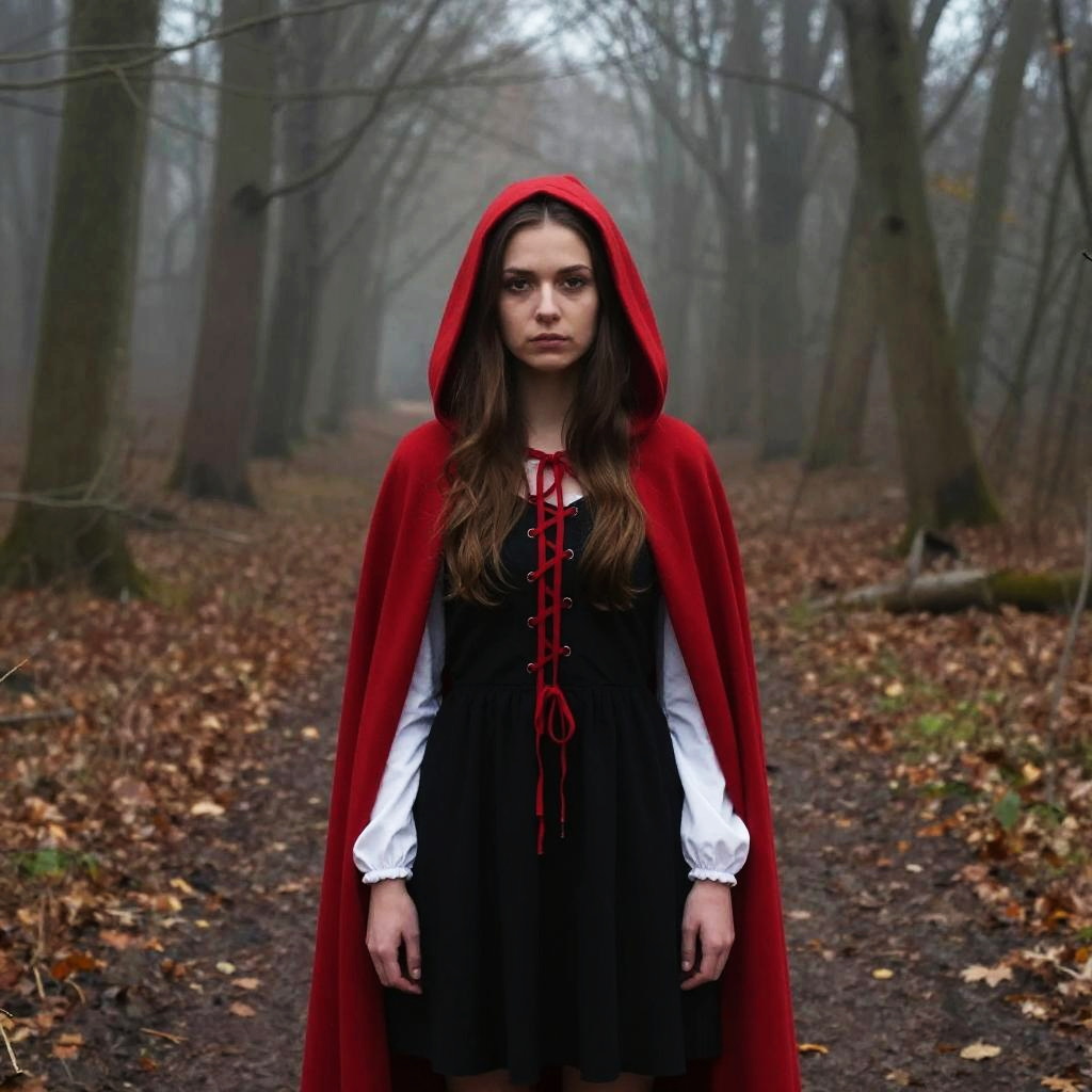 Woman in Red Hooded Cloak in Foggy Forest - Modern Fairy Tale Style