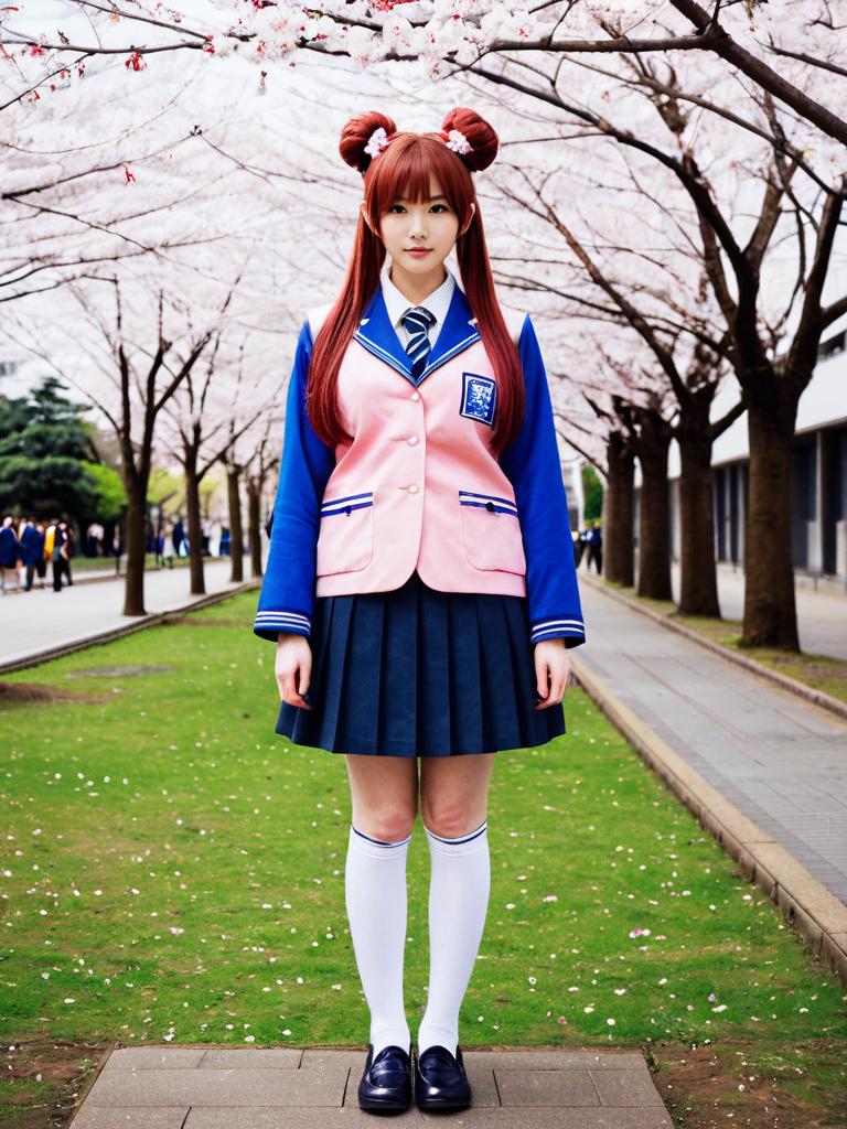Hanami Schoolgirl in Cherry Blossom Park with Pink and Blue Uniform