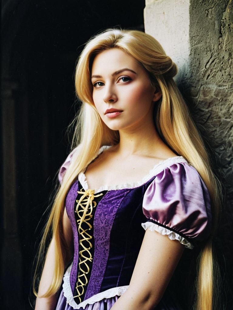Woman in Purple Rapunzel Costume with Corset and Long Blonde Hair
