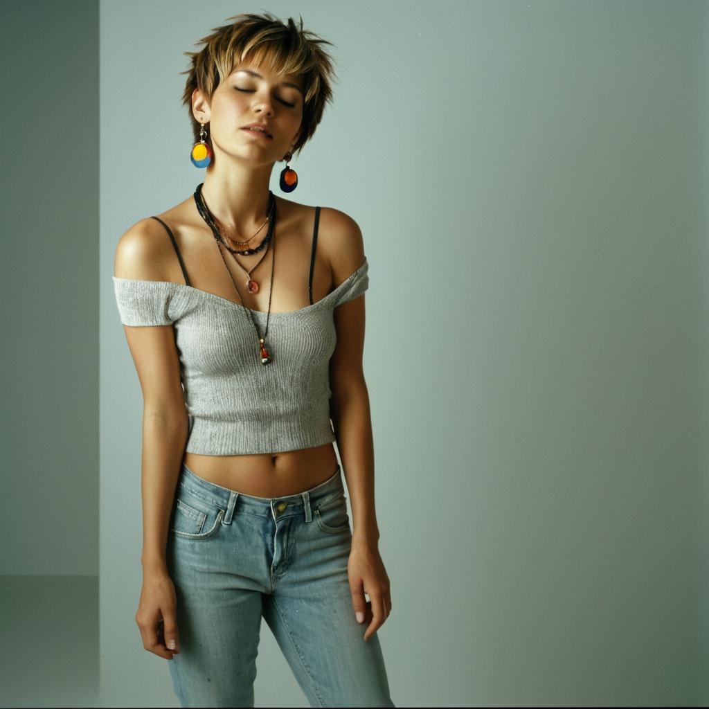 Young Woman in Off-Shoulder Crop Top with Layered Necklaces and Colorful Earrings