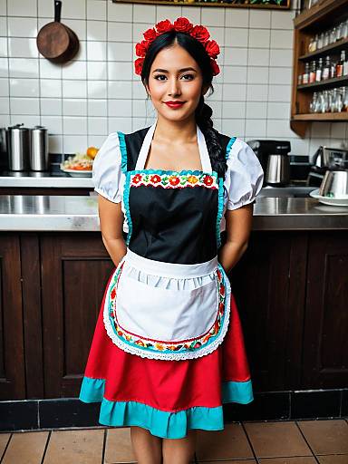 Woman in Traditional Mexican Waitress Costume Full Body Cosplay Photo with Apron